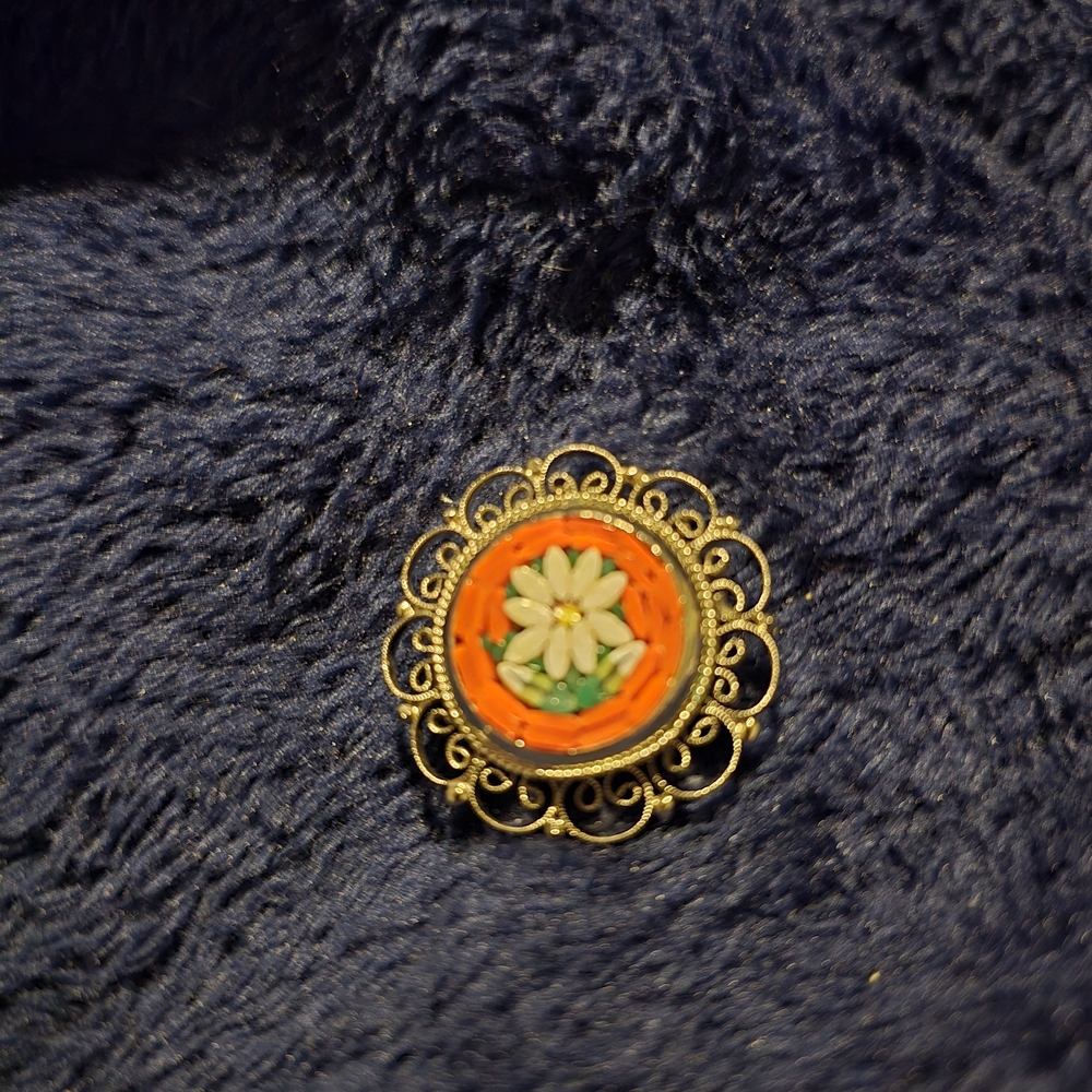 Vintage Micro Mosaic Floral Brooch with Orange and Gold Accents Made In Italy 1"